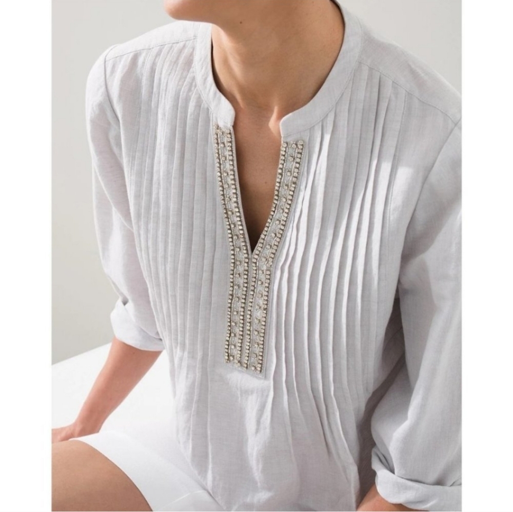 Chicos Linen Cotton Embelished Tunic Blouse Top Small